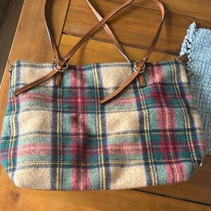 Plaid Tote Bag with Brown Leather Straps - Beige, Red, Green